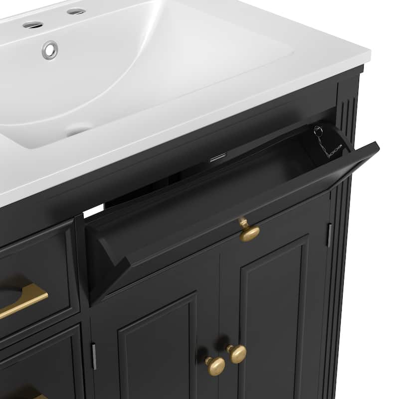 36" Bathroom Vanity with Sink, Ceramic Sink, One Tip-out Drawer, 3 Side Drawers, Adjustable Shelf