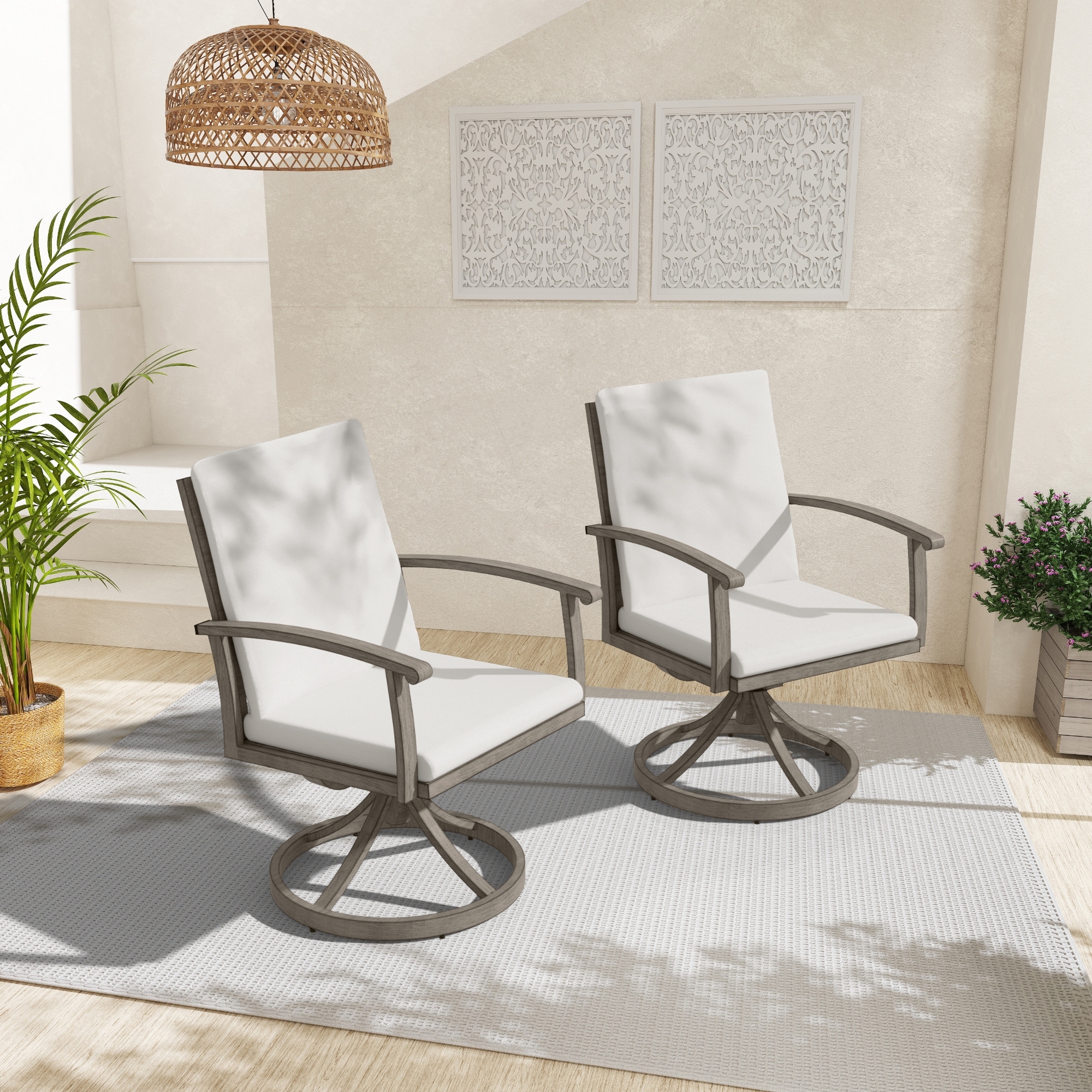 AluLux 2-Piece Aluminum Patio Swivel Chairs with Light Gray Cushions