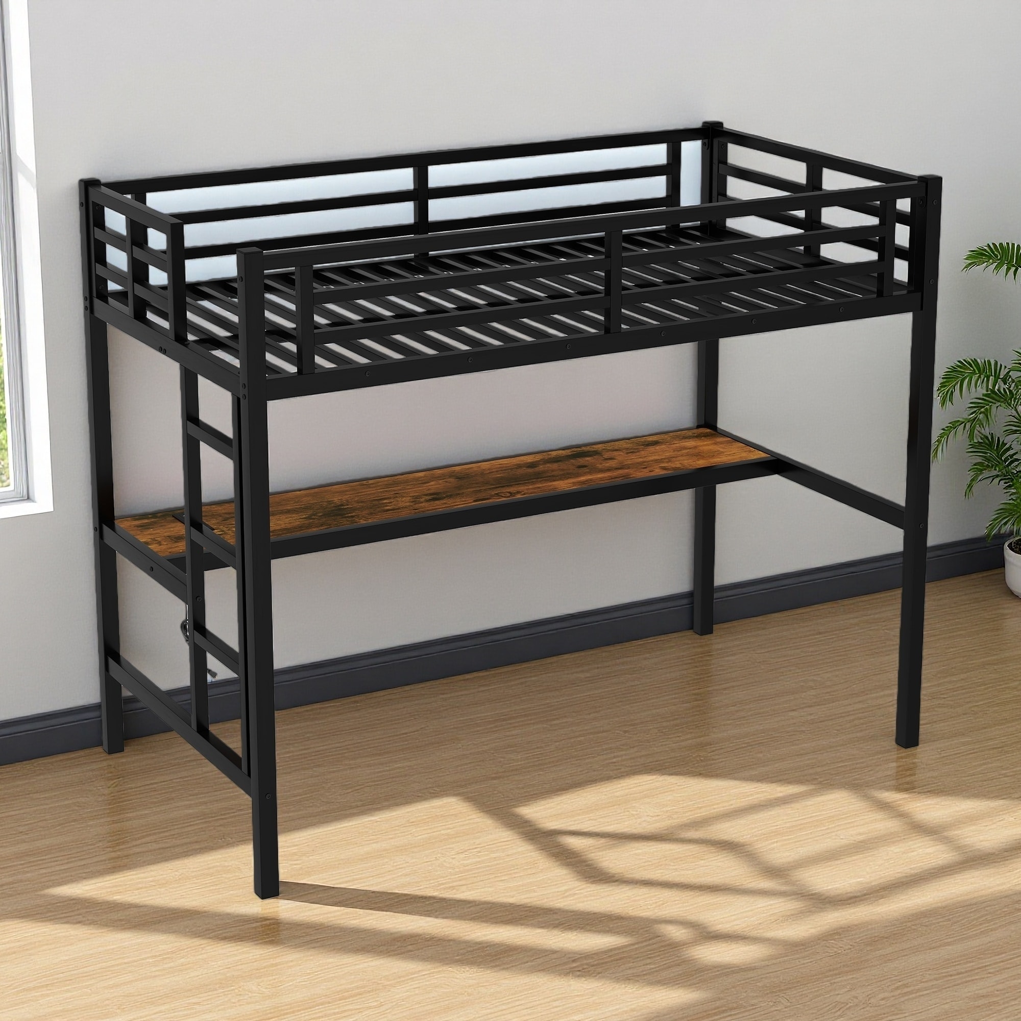 Twin XL Metal Loft Bed with Power Outlet, LED Light & Desk