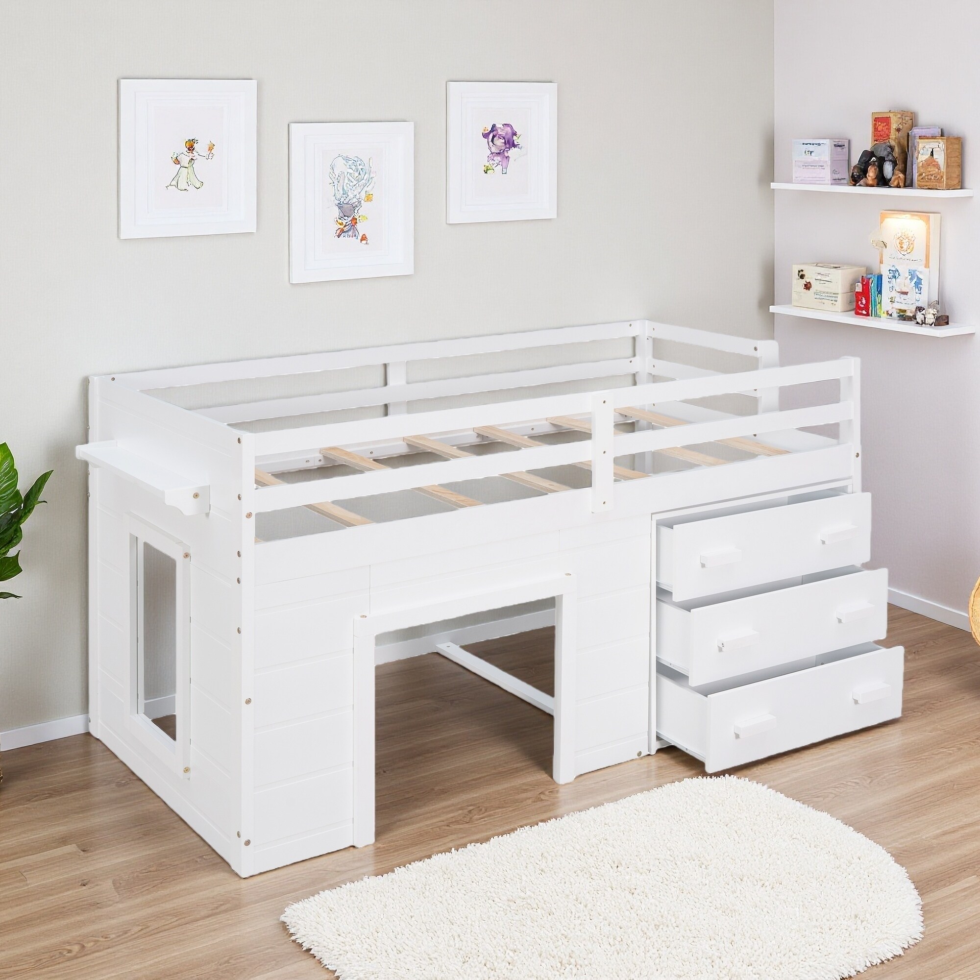 Twin Solid Wood Loft Bed, Cabinet & Shelf