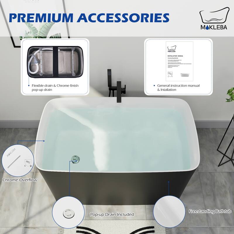 47 in.L x 27.55 in.W Japanese Soaking Acrylic Freestanding Flatbottom Bathtub Reversible Drain