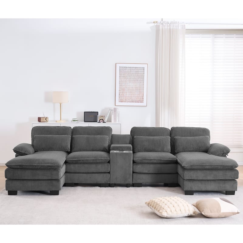 124" Modern Modular Sofa with Double Recliner and USB Port with Center Console - Grey