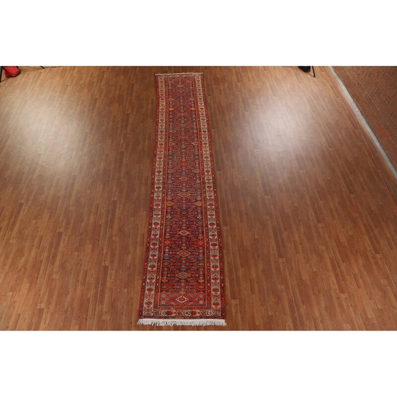 Pre-1900 Antique Blue Malayer Persian Runner Rug Handmade Wool Carpet - 3'2"x 16'7"