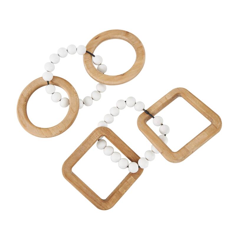 Brown Wood Geometric 3 Link Chain Decorative Sculpture with White Beaded Accents (Set of 2)