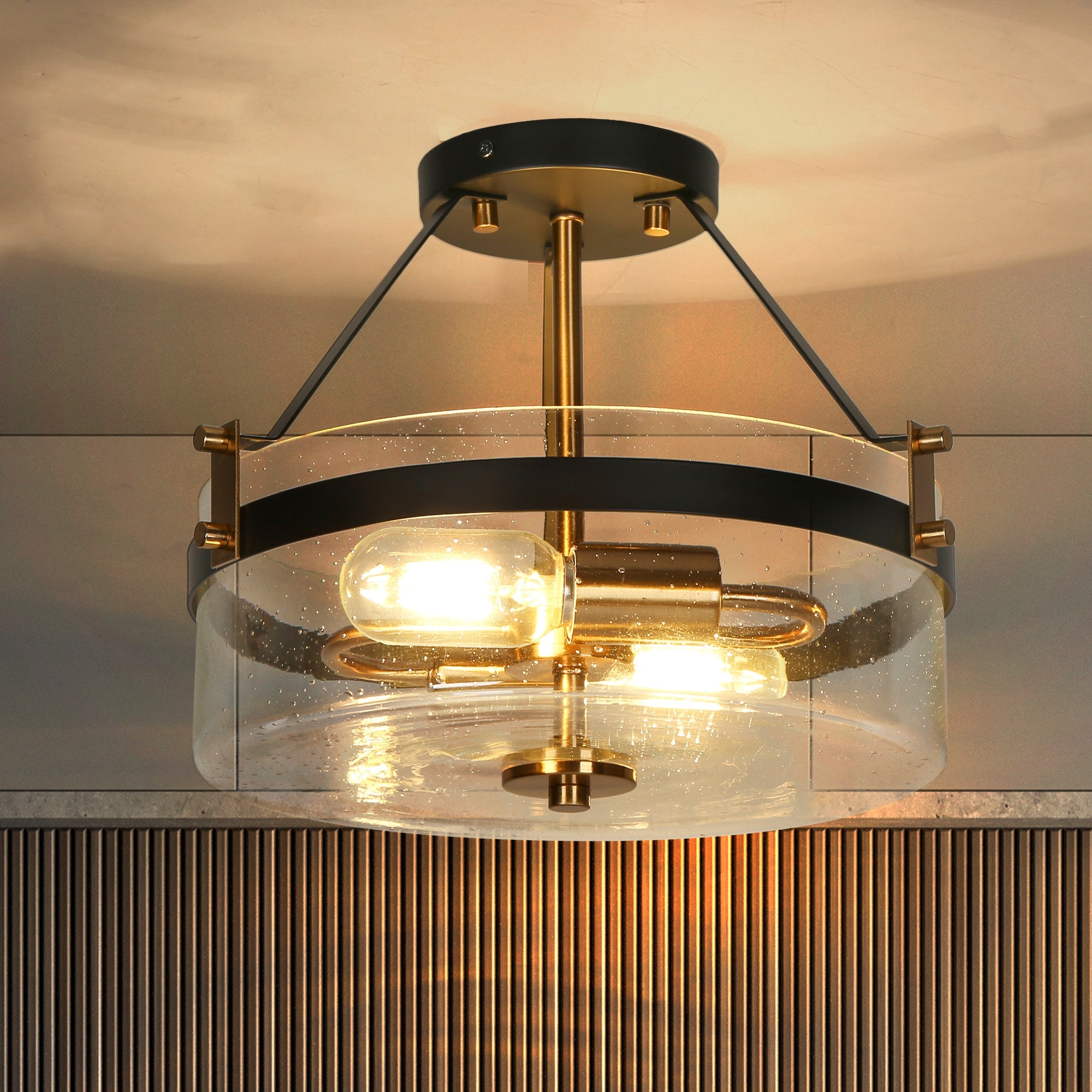 Coria Modern Farmhouse Drum Seeded Glass Semi-flush Mount Ceiling Light - D12'' * H10''