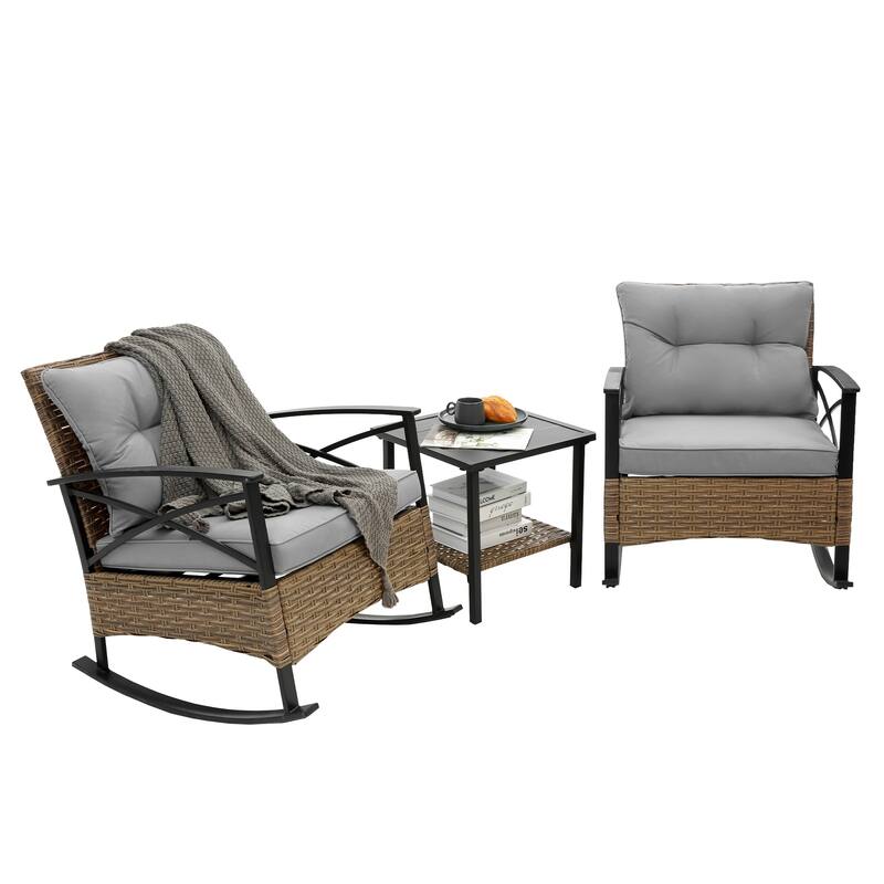 3 Piece Rocking Rattan Set, Leisure Chair Outdoor Rattan Rocking Chair Set, Grey