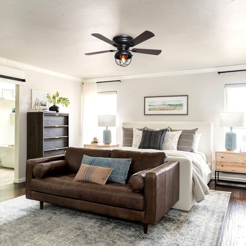 42" Low Profile Black Cage Ceiling Fan with Light Kit and Remote Control - 42-in