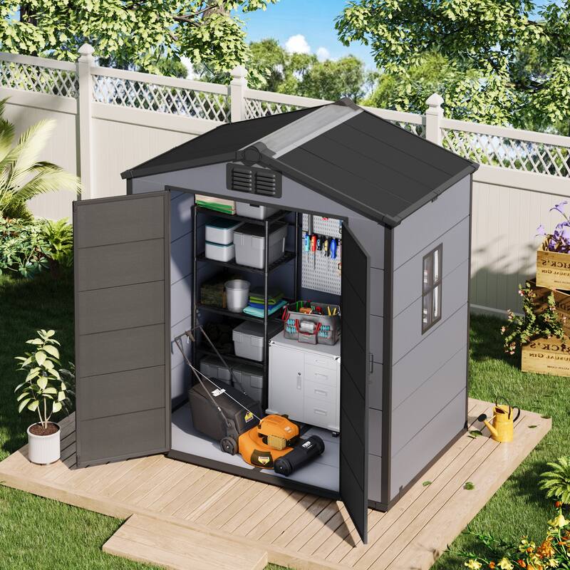 EROMMY Outdoor Storage Shed with Built-In Floor, Lockable Double Doors & Sloped Roof, Gray/Black