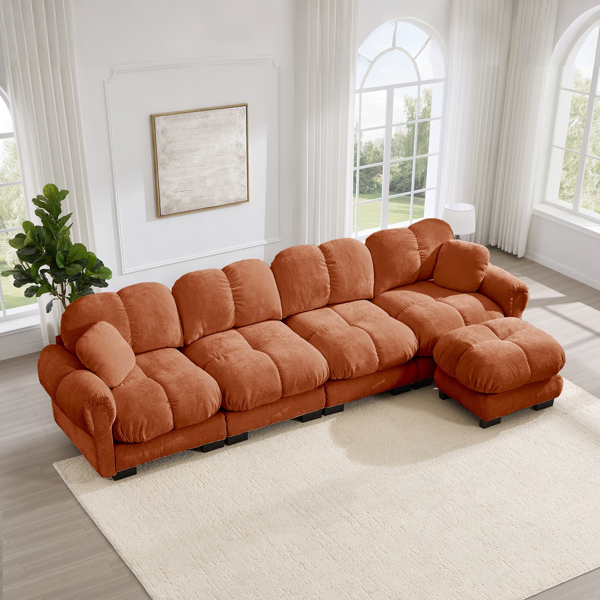 GDFStudio - Oversize Chenille L-Shaped 131.5" 4-Seater Sofa with Quilted Cushions, Pillows and Movable Ottoman