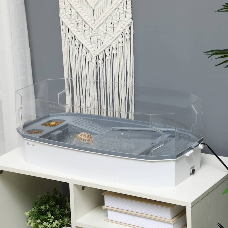 PawHut Turtle Tank Kit, Turtle Aquarium with Basking Platform, Water Pump, Filter Layer Design, Visually Reptile Habitat
