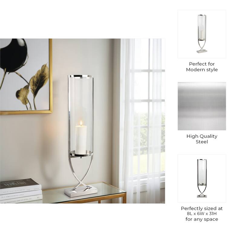 Modern Glass Pillar Candle Holder Decorative Lantern with Steel Frame