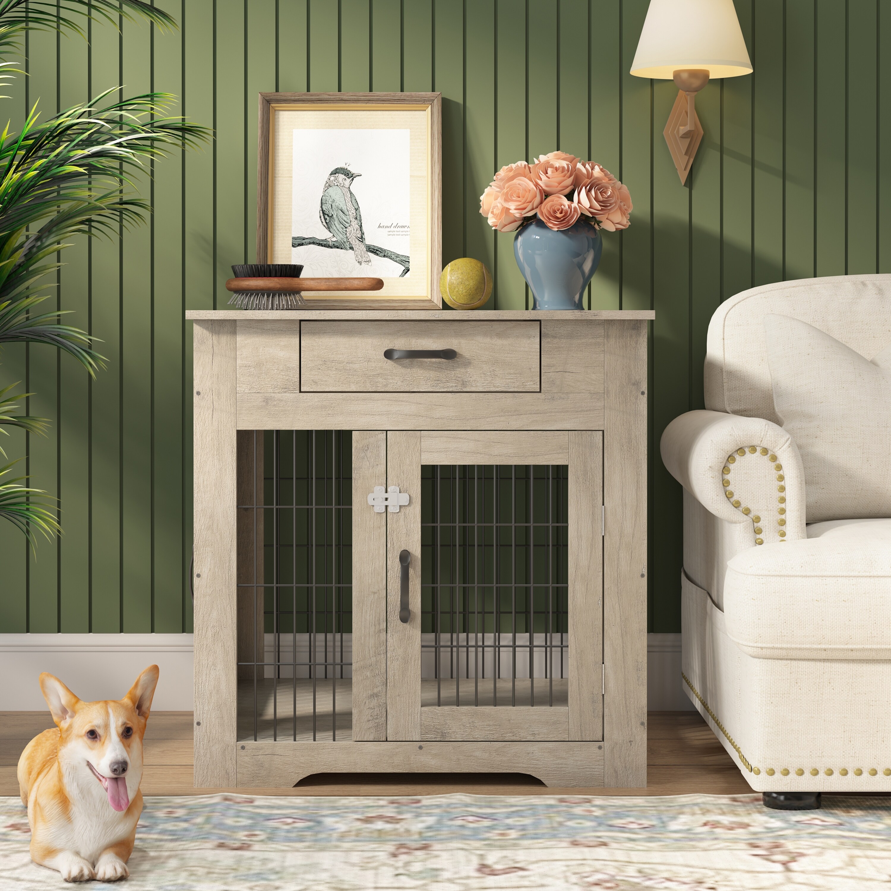 Dog crate end table with drawer store