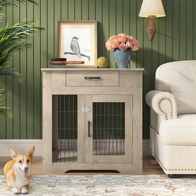 Furniture Style Dog Crate and Table with Drawer, Pet Kennels with Double Doors(Grey)