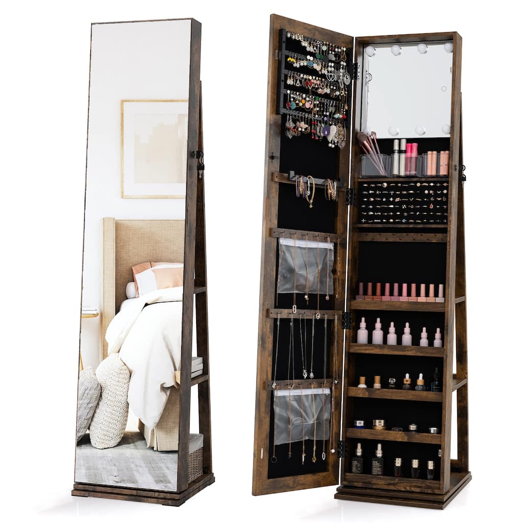 360 Rotating Full Length Mirror Jewelry Cabinet with LED Lights and Ample Storage Shelves - 17" x 15" x 63"