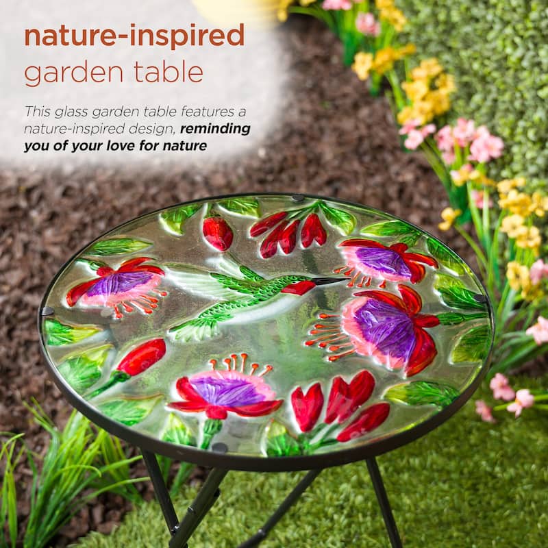 14" Folding Glass Round Table with Flowers and Hummingbirds
