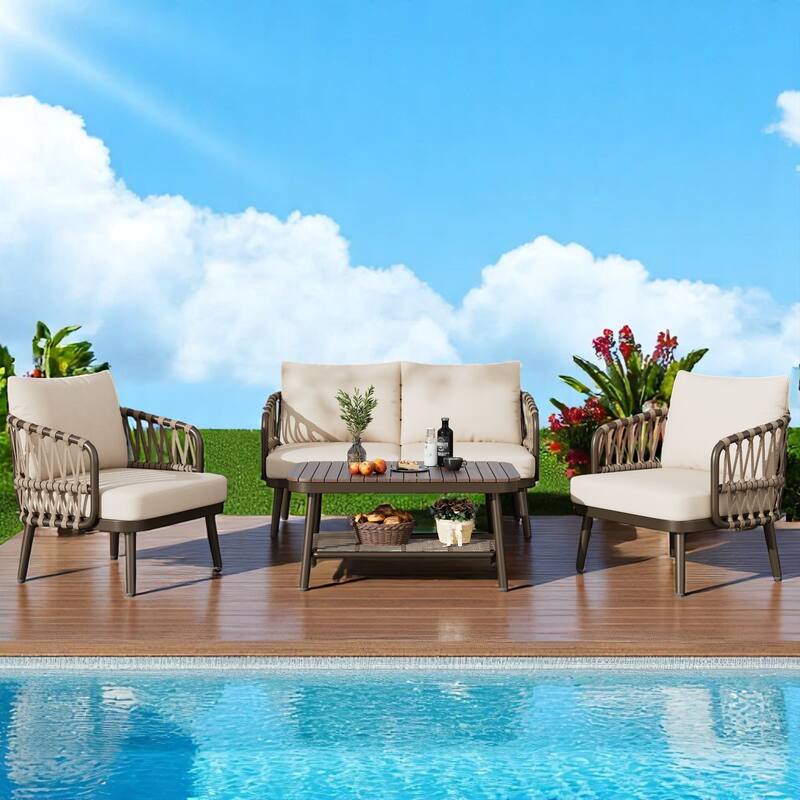 4-Piece Outdoor Conversation Set with Woven Rope U-Shaped Backrest, Acacia Wood Coffee Table, Water-Repellent Cushions - Brown+Beige