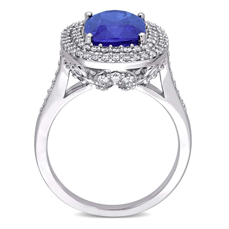 Miadora 3 7/8ct TGW Cushion Blue Sapphire and 1ct TDW Diamond Halo Cocktail Ring in 14k White Gold