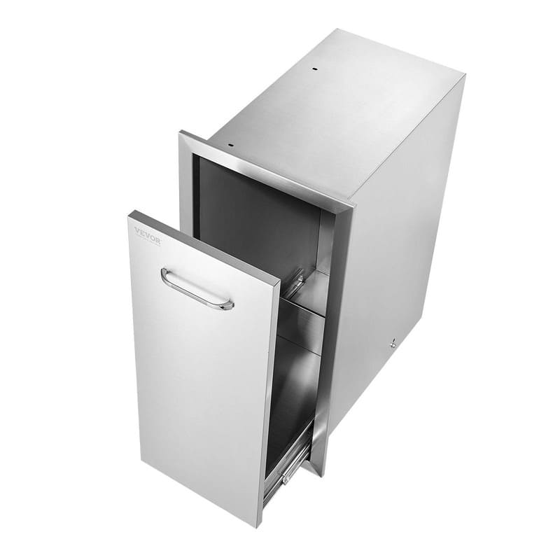 Pull-Out Trash Drawer, Stainless Steel Roll-Out Bin with Sliding Rails and Handle for Outdoor Kitchen or BBQ Island