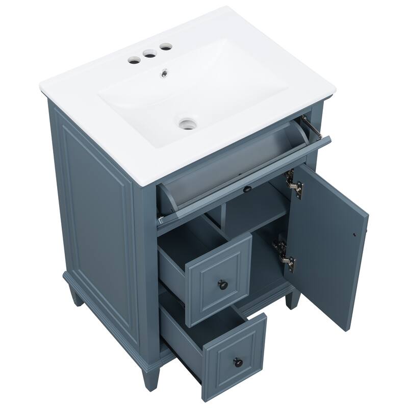 Roomfitters 24" Bathroom Vanity with Sink, Solid Wood Frame, Flip Drawer, 2 Side Drawers & Adjustable Shelf