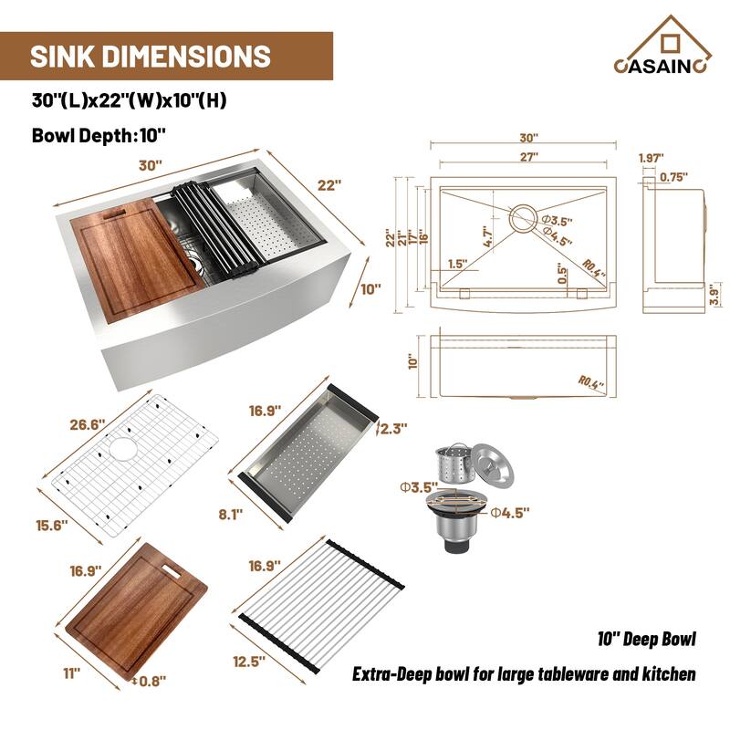 Farmhouse/Apron-Front Single Bowl 18 Gauge Brushed Stainless Steel Workstation Kitchen Sink with Accessories