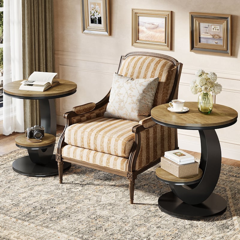Round End Table, 2 Tiers Side Table with Storage Shelf