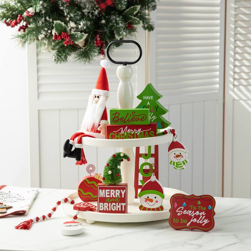 Glitzhome Halloween Christmas Gnome Pumpkin Block Set Word Sign Table Decor with Tiered Tray - Setof11-Christmas with Tray