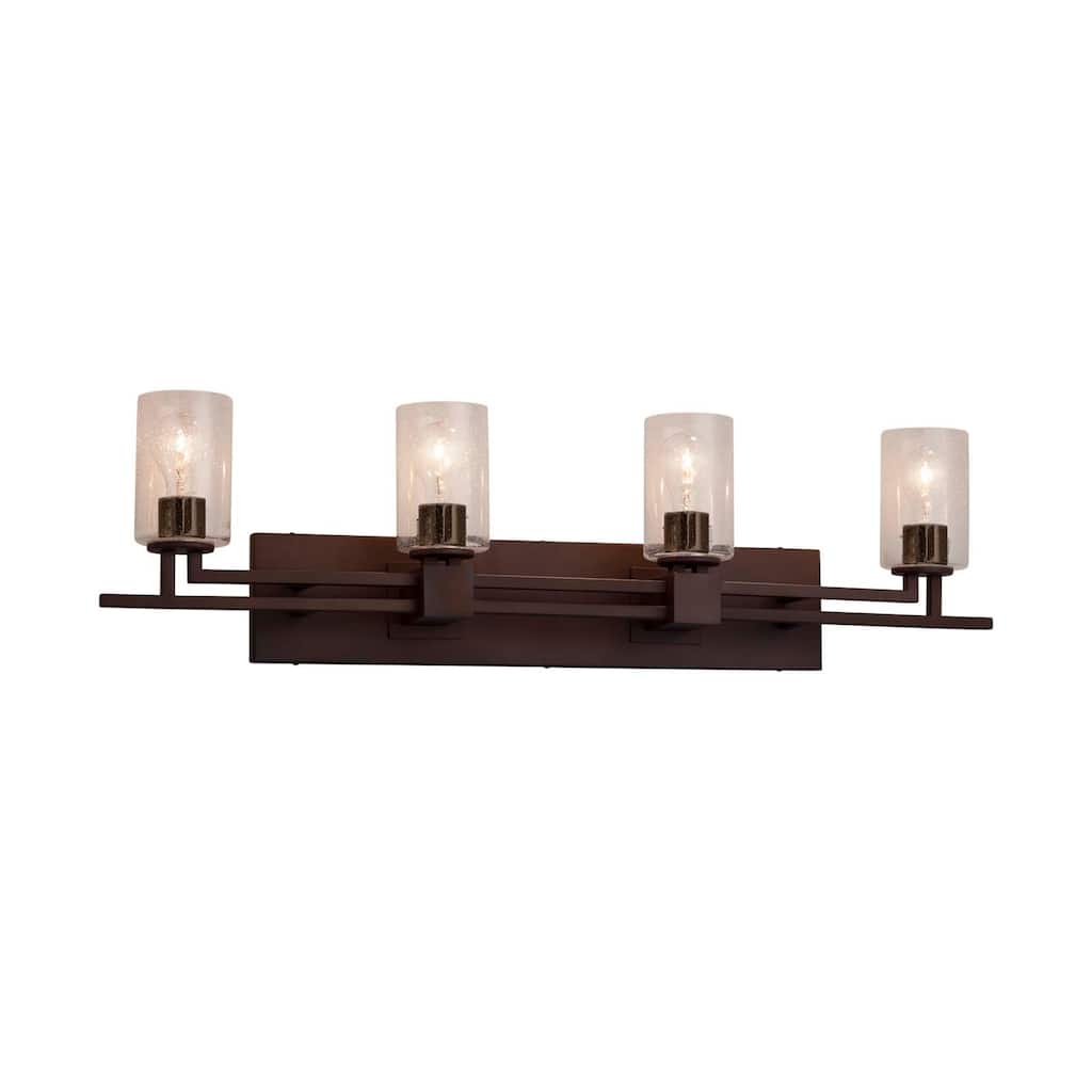 Justice Design Fusion Aero 4-light Dark Bronze Bath Bar, Seeded Cylinder w/ Flat Rim Shade