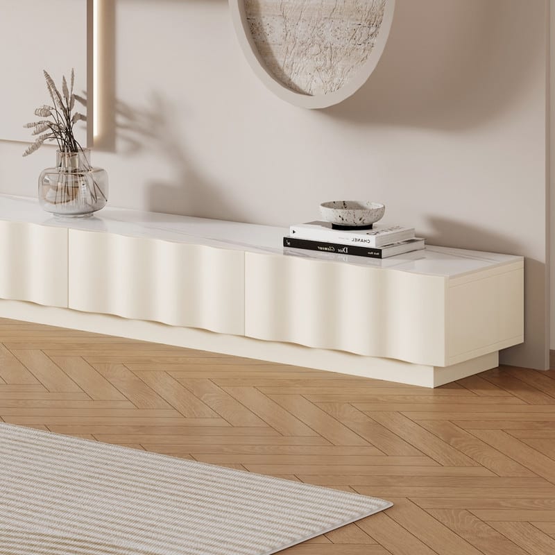 Modern Cream TV Stands with 3-6 Drawers, White Media Console with Glossy Sintered Stone Tabletop