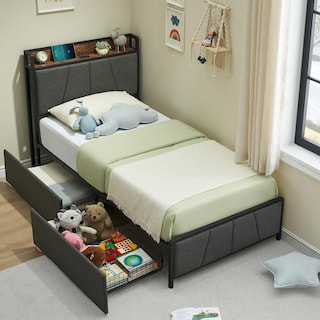 Twin Size Bed Frame with 2 Storage Drawers and Charging Station, Rustic Linen Upholstered Platform Bedframe