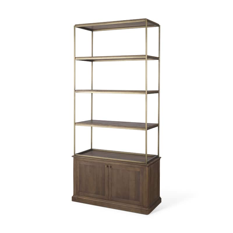 Baron Light / Dark Brown Wood w/ Antiqued Aged Brass Metal 2-Door / 4-Door Open Shelving Unit - Espresso - 2 Door