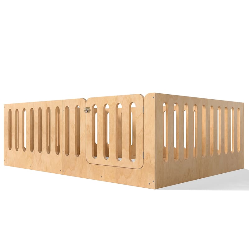 Queen Size Floor Bed with High Fence for Kids, Solid Wood Kids Montessori Bed with Door, No Box Spring Needed Design