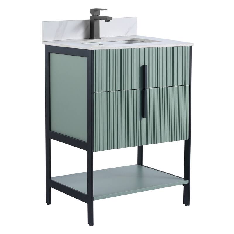 Fine Fixtures Serenity Modern Bathroom Vanity with White Carrara Stone Top - Mint Green - Black Hardware - 24 inch