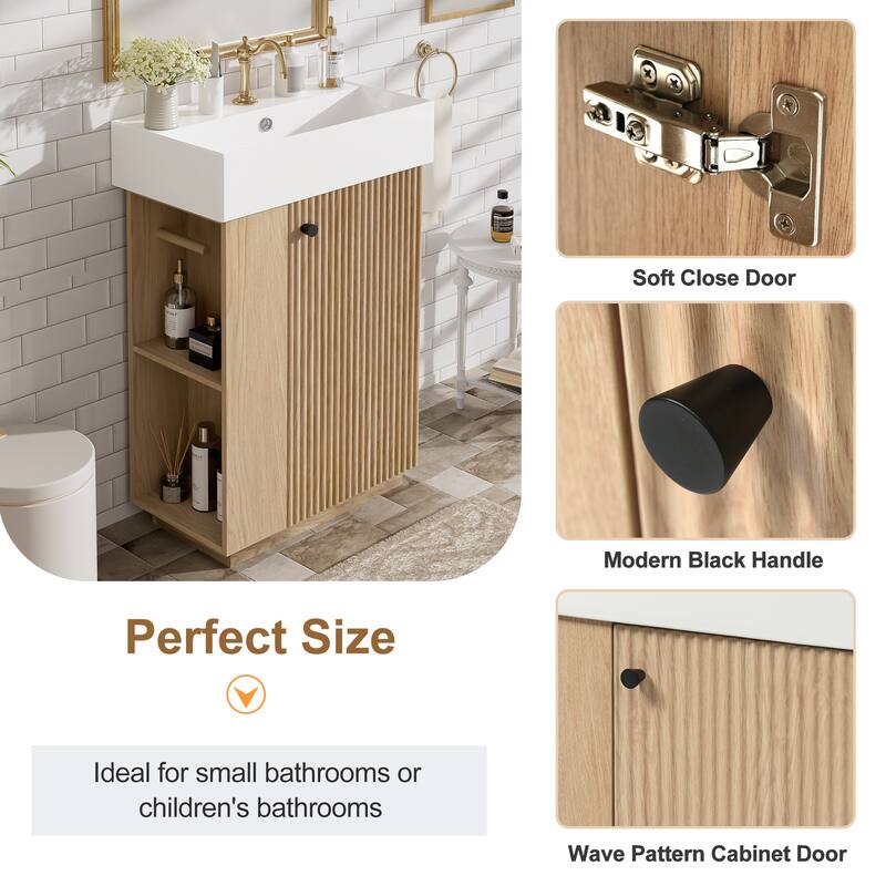 21.6" Modern Bathroom Vanity with Ceramic Sink - Freestanding Wood Grain Cabinet with Open & Closed Storage for Small Spaces
