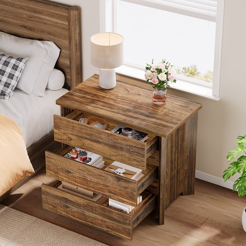 Industrial Wood Nightstand Bedside Table with 3-Drawer for Bedroom