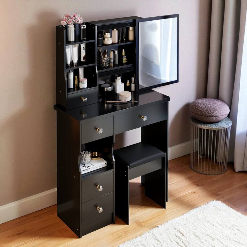 Small Vanity Desk with Sliding Mirror and Stool, Compact Makeup Table with Drawer and Storage for Small Spaces