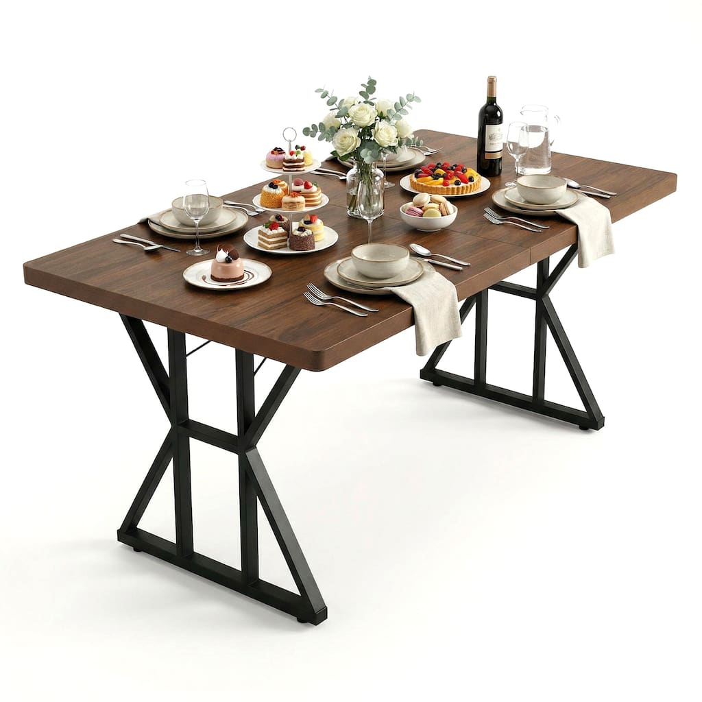 FurnitureR 63" Farmhouse Dining Table, Wide Rectangular Kitchen Table