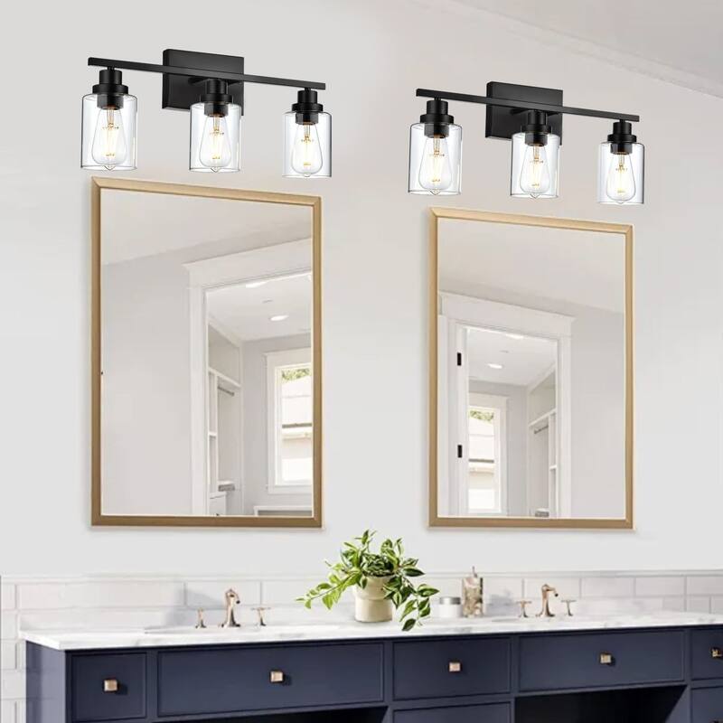 3-Light Wall Light Black Bathroom Vanity Lights, E26 Modern Bathroom Light Fixtures with Clear Glass Shade, Sconces Wall Lights