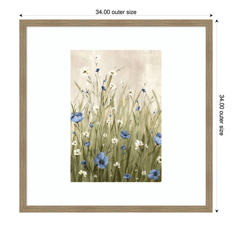 Blue Blossoms in Gentle Meadow by Alex Black Wood Framed Wall Art Print - Brown - 34 x 34 in