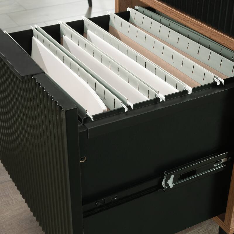 Wood L-Shaped Desk with Cord Management, Brown.