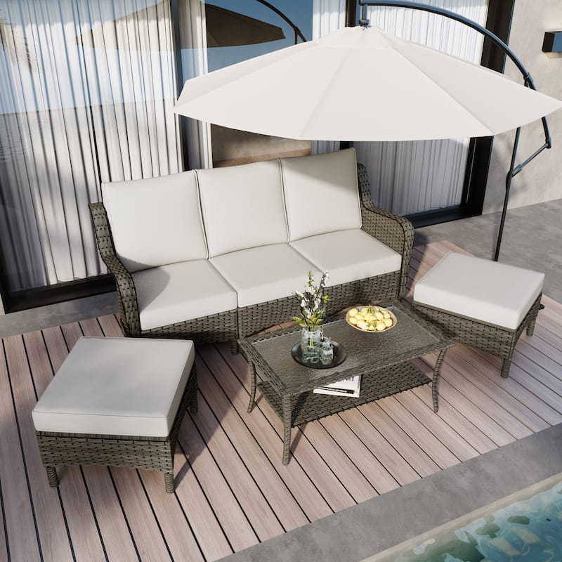 Outdoor 6 Pieces Rattan Patio Furniture Set - Beige