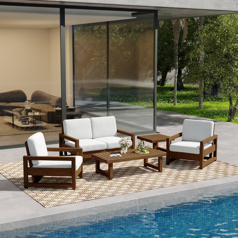 5-Piece Teak Wood Outdoor Patio Conversation Set with Cushion