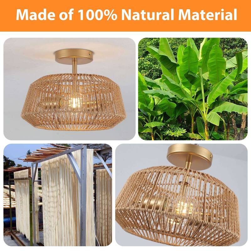 Starsky 2-Light Modern Bohemian Ceiling Light Drum Semi Flush Mount with Natural Handmade Rope Paper Shade