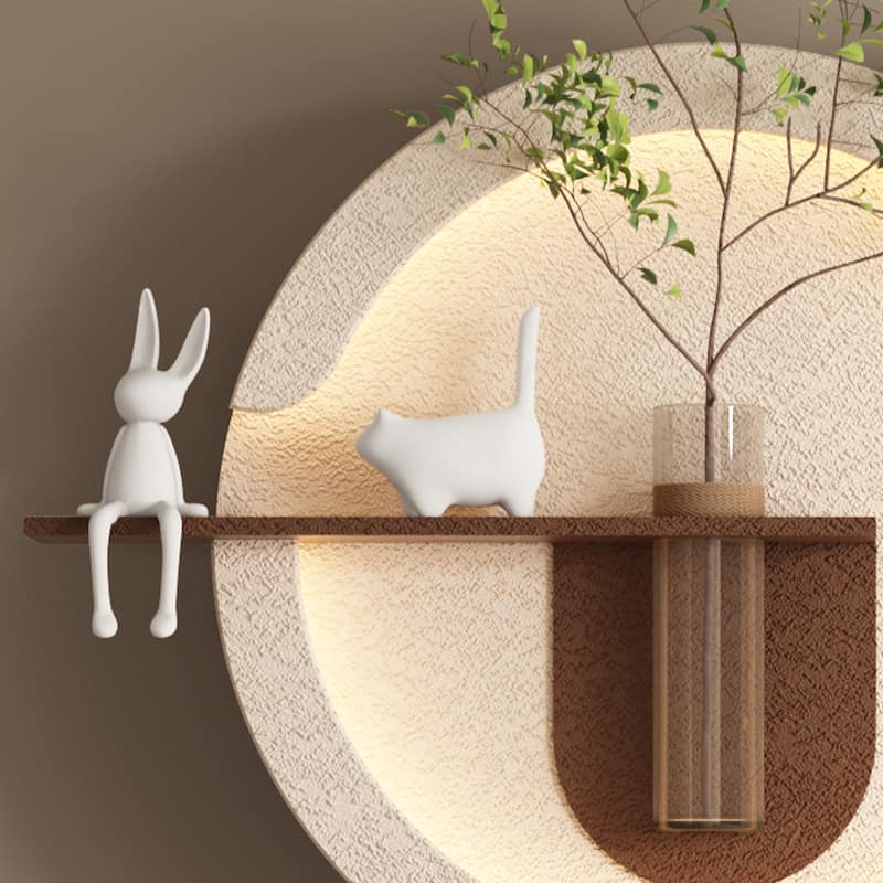 Roomfitters LED Sandstone Wall Art, 3D Round Sculpture with Light and Fake Rabbit Statue, Light Coffee