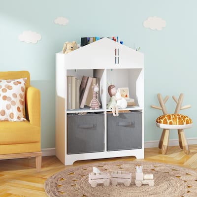 2-Tier Storage Display Kids Dollhouse Bookcase with Storage, Bookshelf with 2 Collapsible Fabric Drawers for Bedroom or Playroom