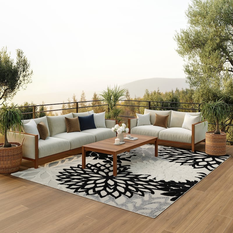 Nourison Aloha Floral Modern, Indoor/Outdoor Area Rug - 12' x 15' - Black/White