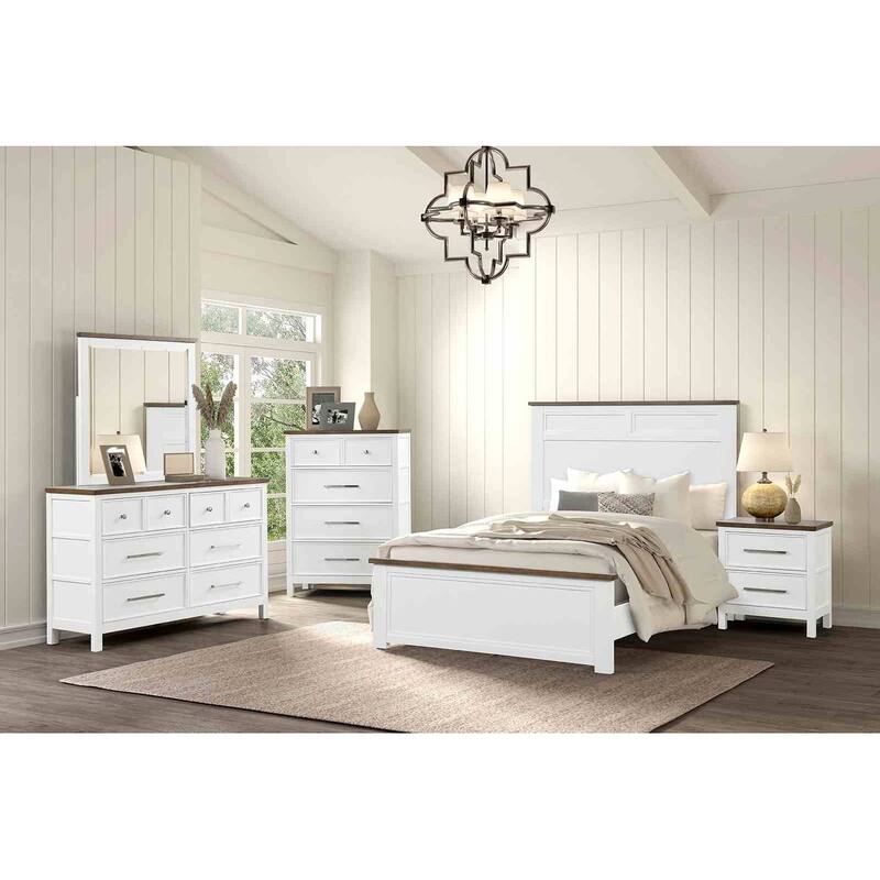 Modern Farmhouse White/Dark Brown Finish Bedroom Set Bed Nightstand Dresser Mirror Chest