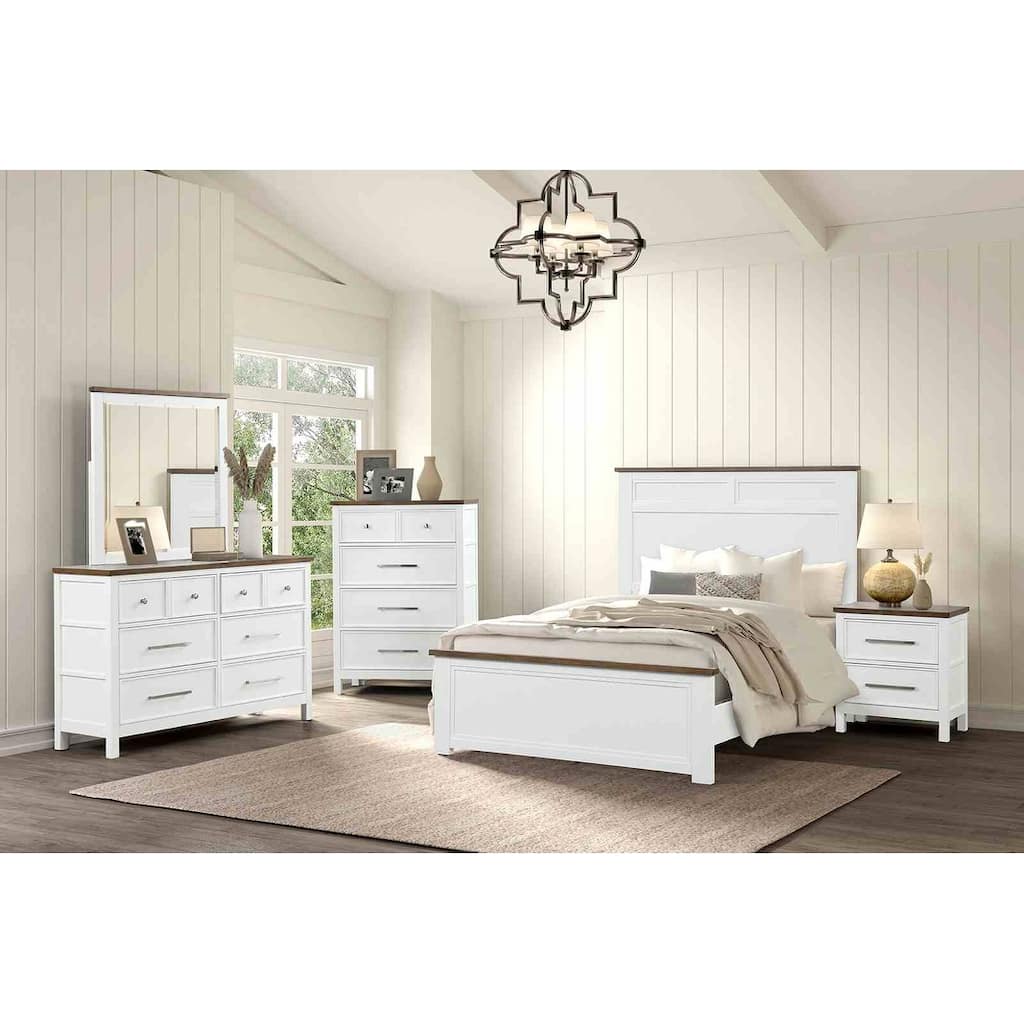 Modern Farmhouse White/Dark Brown Finish Bedroom Set Bed Nightstand Dresser Mirror Chest