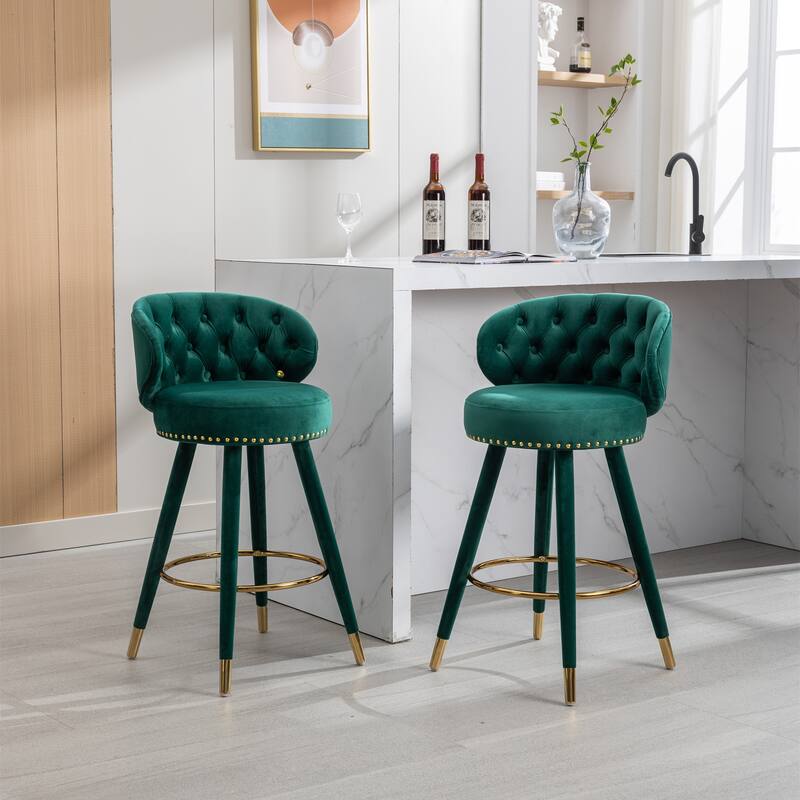 Set of 2 Counter Height Velvet Bar Stools with Solid Wood Legs - Emerald