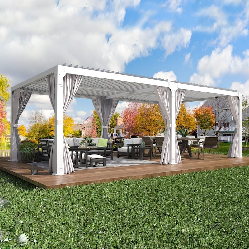 Outdoor Louvered Pergola, Outdoor Patio Hardtop Gazebo, Adjustable Metal Roof Curtains and Netting Included