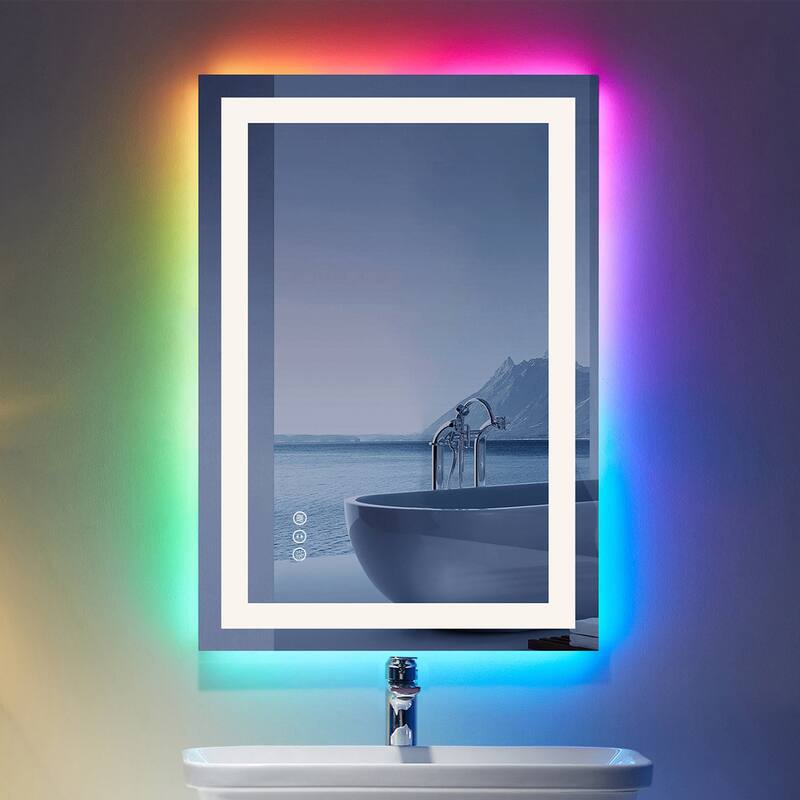 KIOTEE Rectangular LED Frontlit & RGB Backlit Anti-Fog Tempered Glass Bathroom Vanity Mirror with ETL and 3-Year Warranty - 28x20